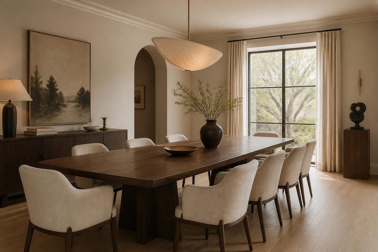 Sophisticated dining room with walnut table and upholstered chairs
