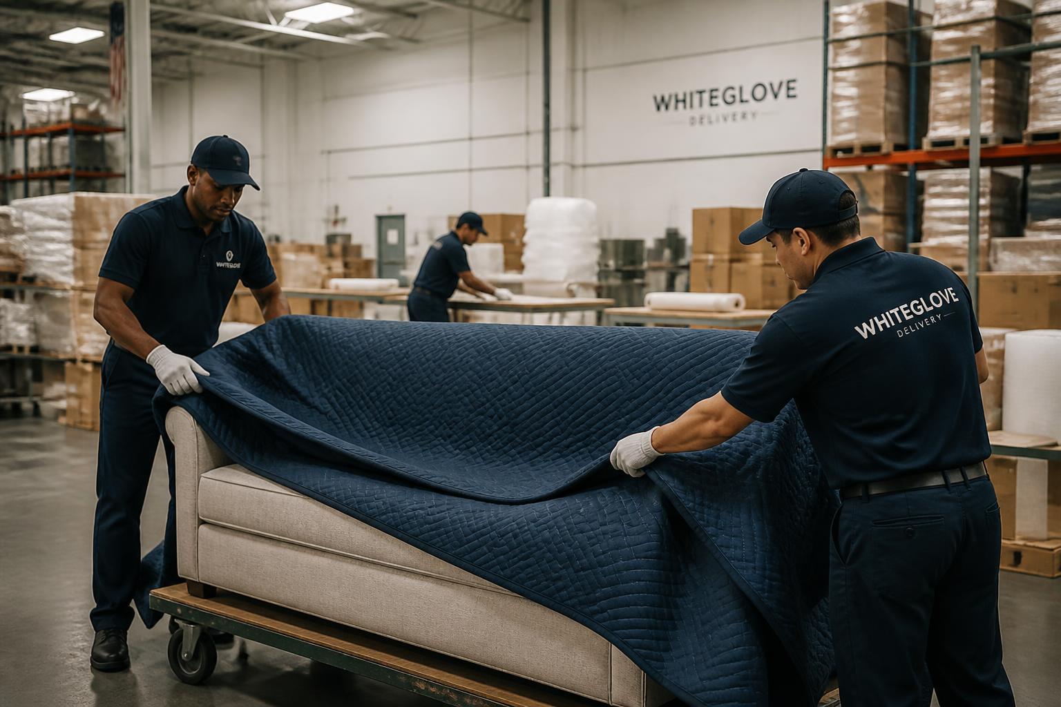 White-glove delivery team wrapping a premium upholstered sofa in a logistics facility